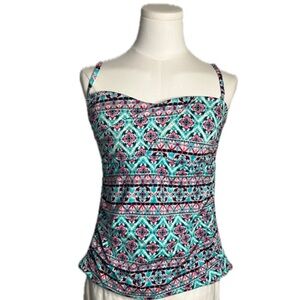 APT.9 Indie Boho Turquoise & Pink Print Tankini Swimsuit Swim Top W Attached Bra